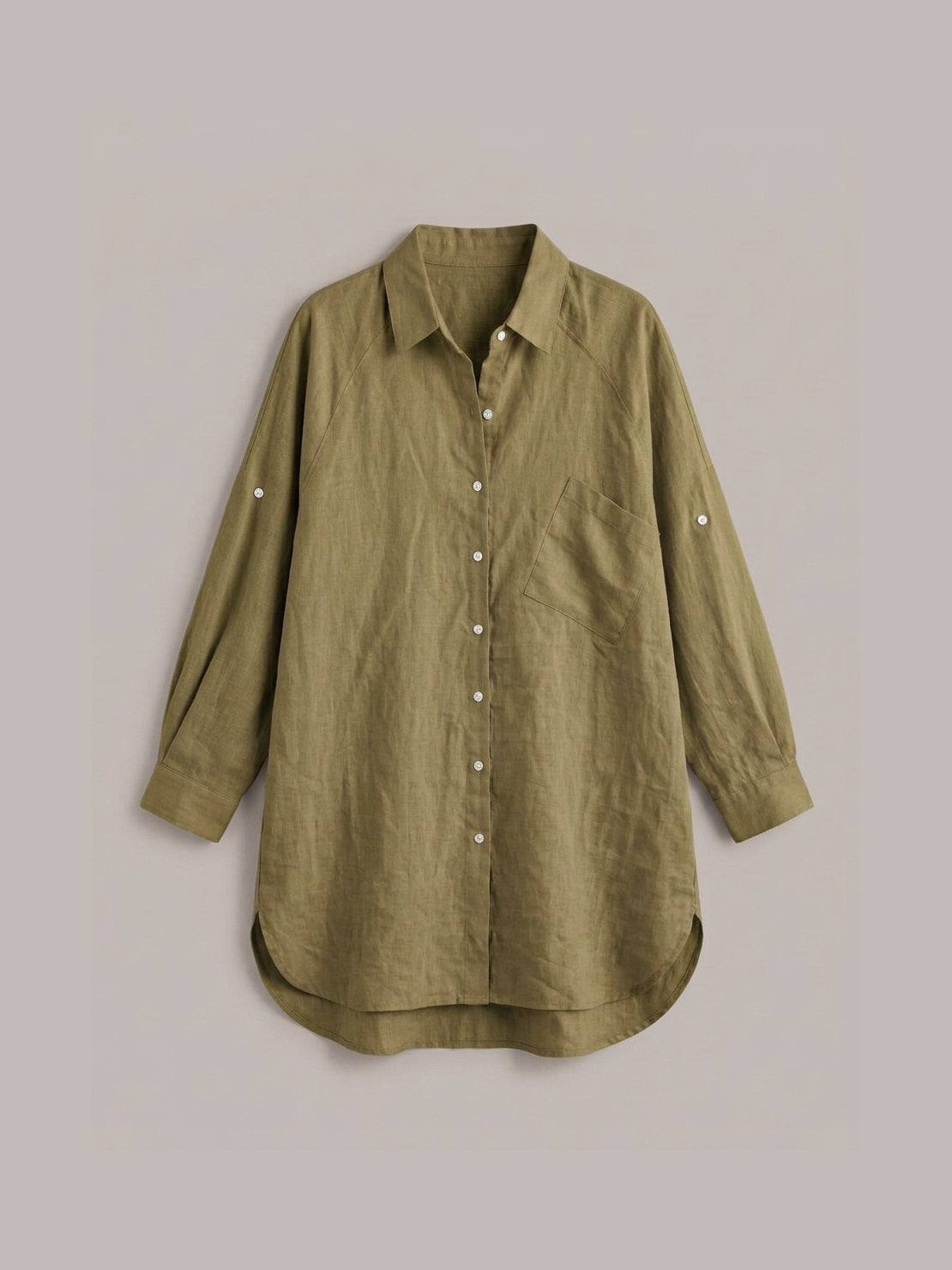 Relaxed oversized 100% cotton linen shirt with dropped shoulders and signature back-pleat detail