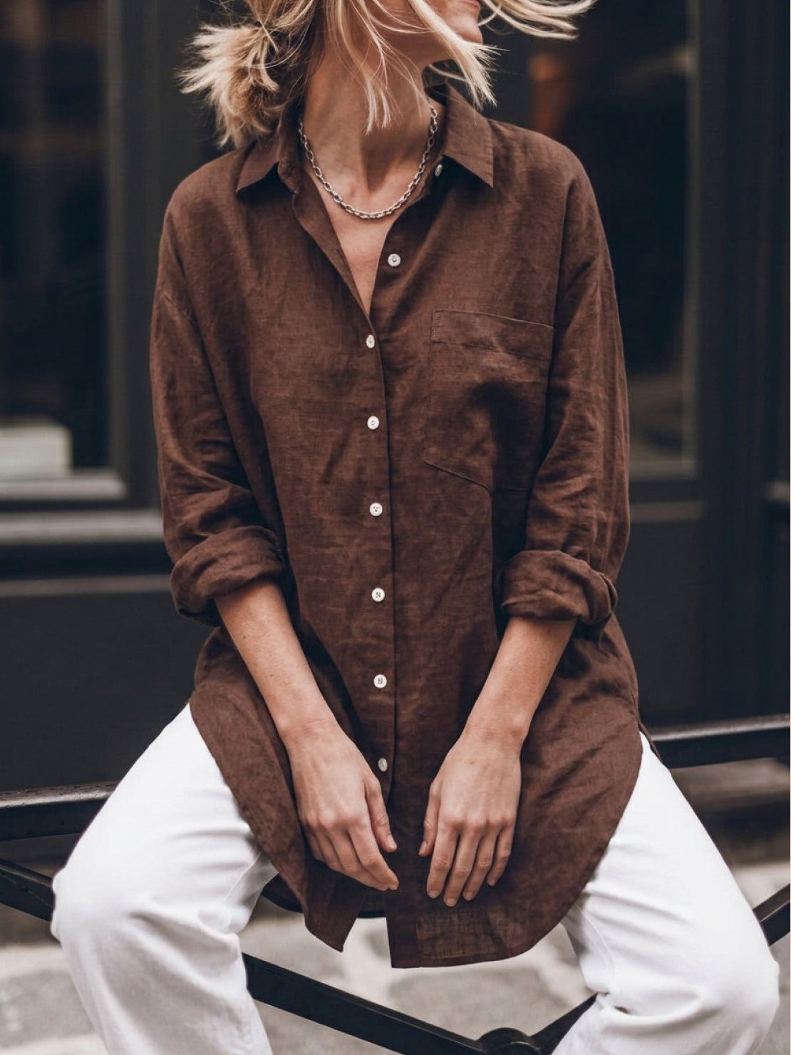 oversized relaxed cotton linen shirt with dropped shoulders and back pleat detail