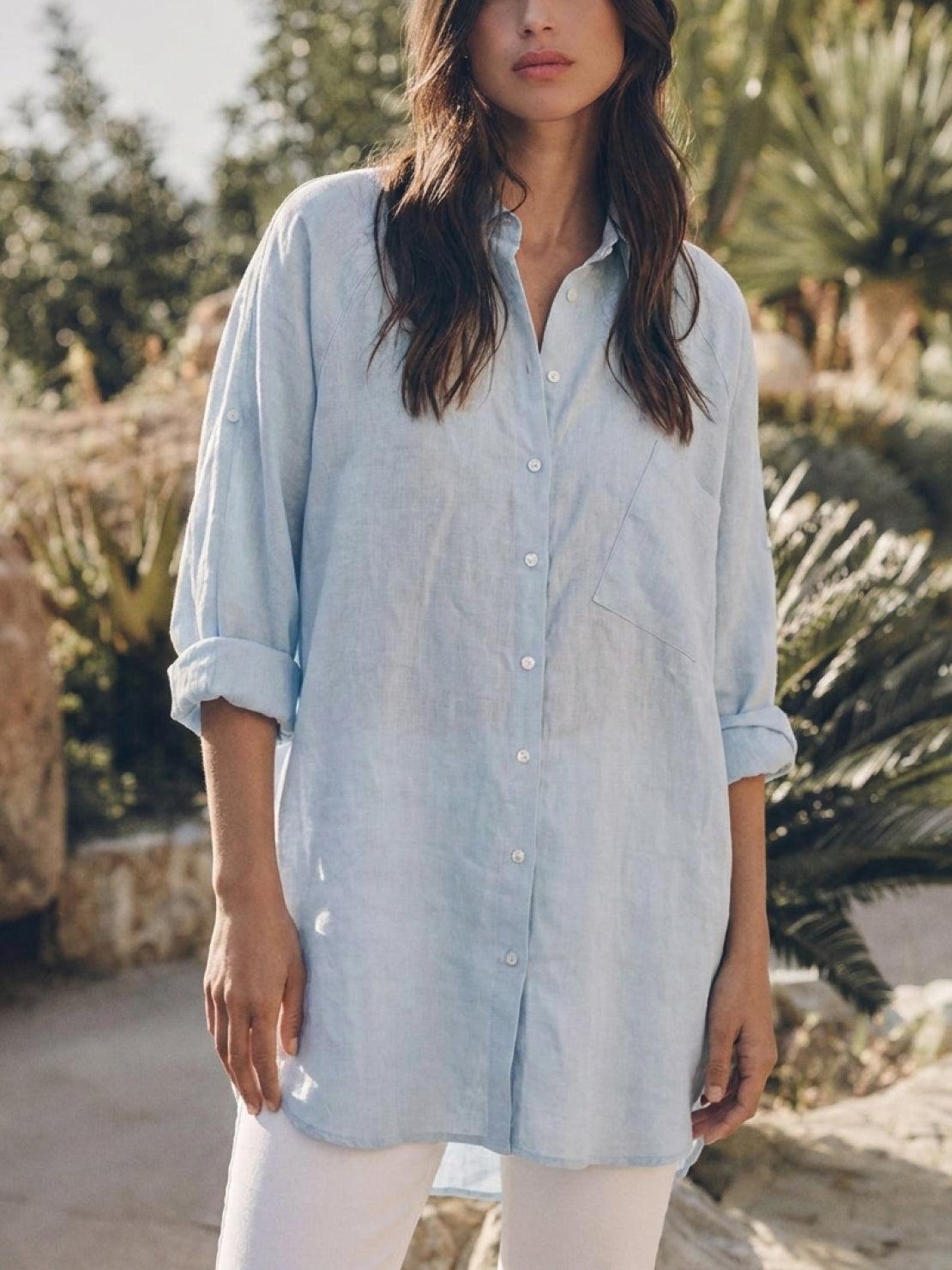 Oversized relaxed fit cotton linen shirt with dropped shoulders and back pleat detail
