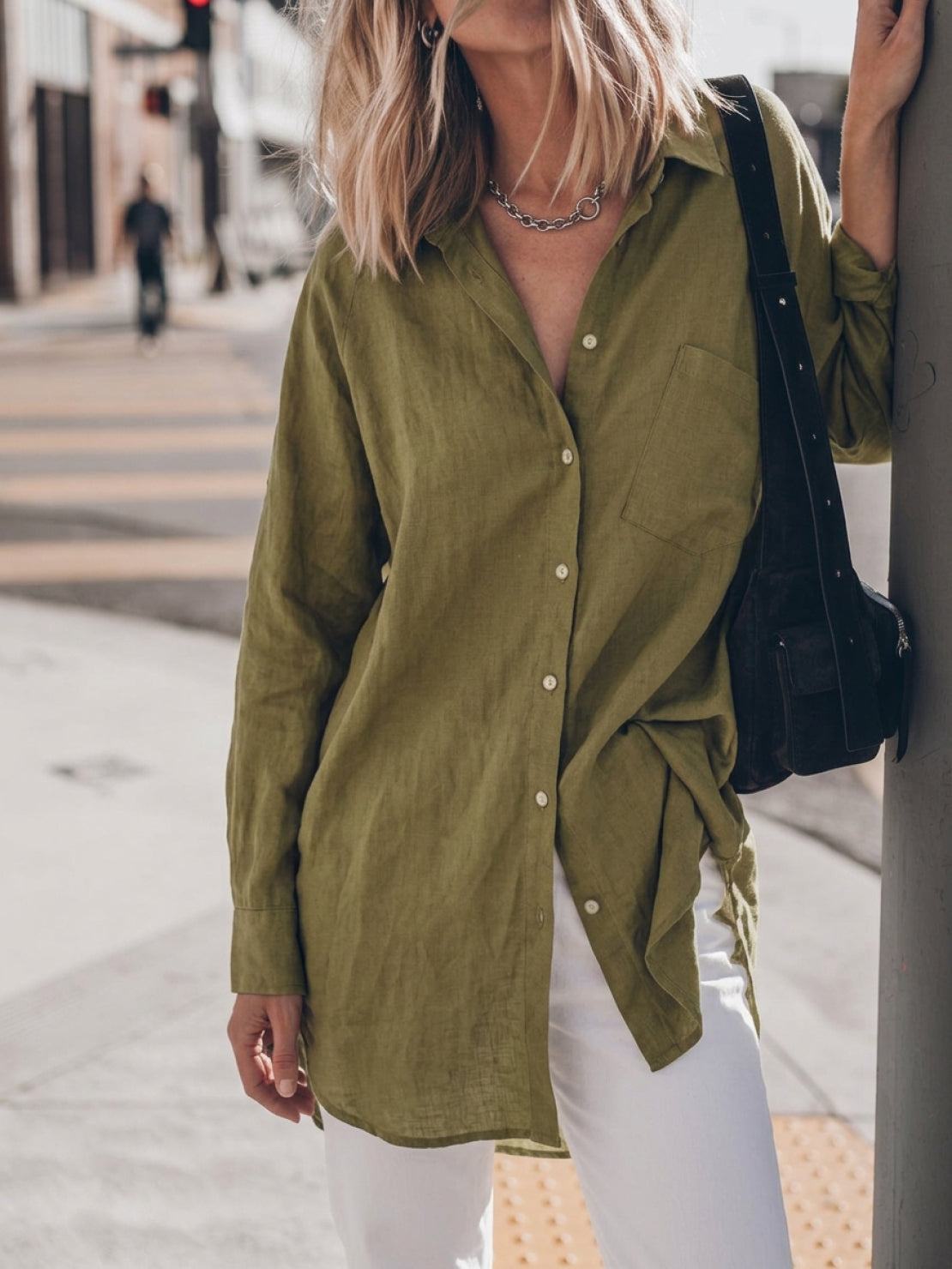 oversized relaxed 100% cotton linen shirt with dropped shoulders and back pleat detail