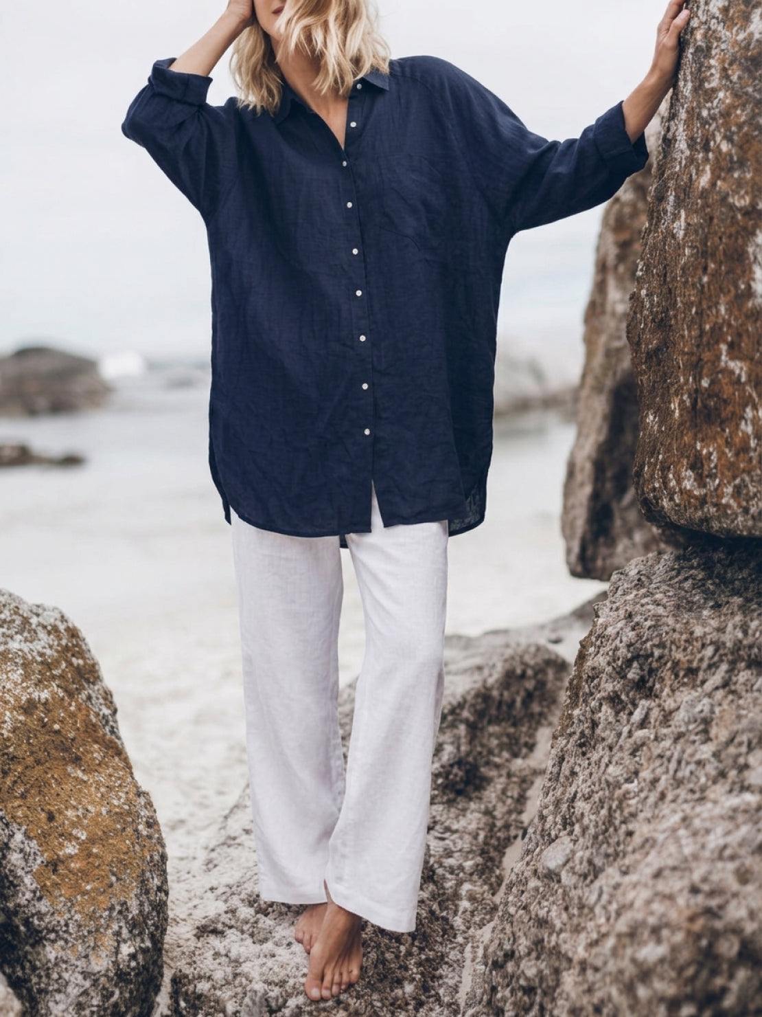 relaxed oversized 100% cotton linen shirt with dropped shoulders and back pleat detail