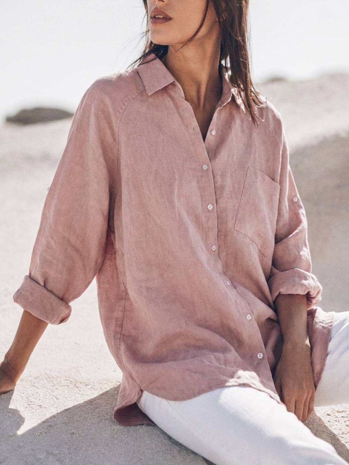 relaxed oversized 100% cotton linen shirt with dropped shoulders and back-pleat detail
