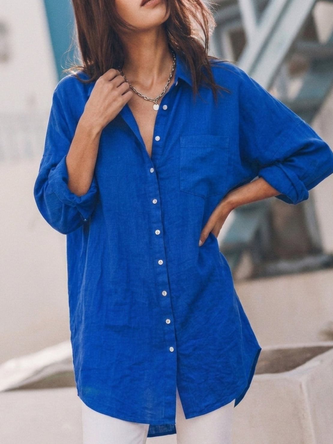oversized relaxed cotton linen shirt with dropped shoulders and back pleat detail