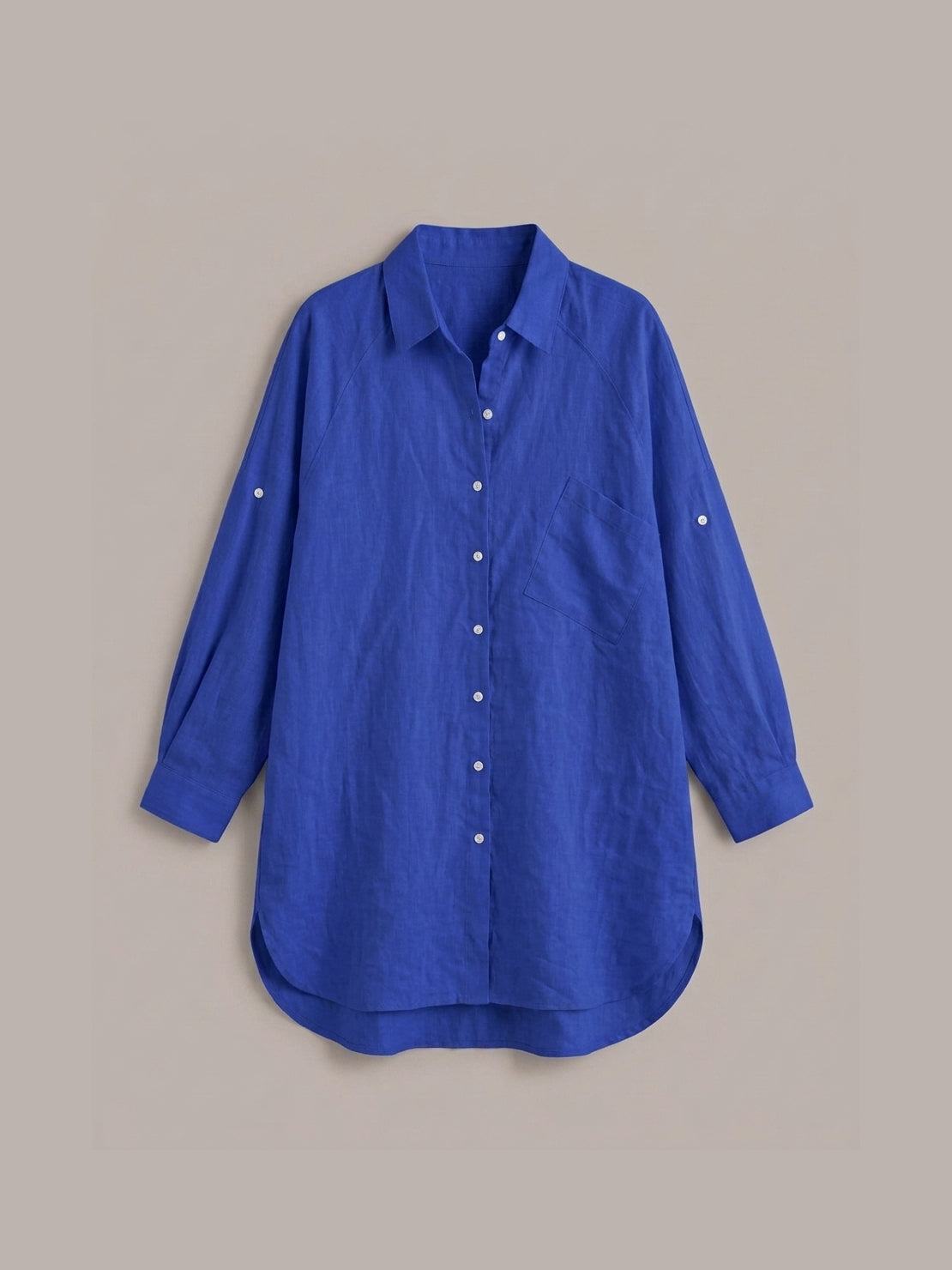 relaxed oversized 100% cotton linen shirt with dropped shoulders and back pleat detail