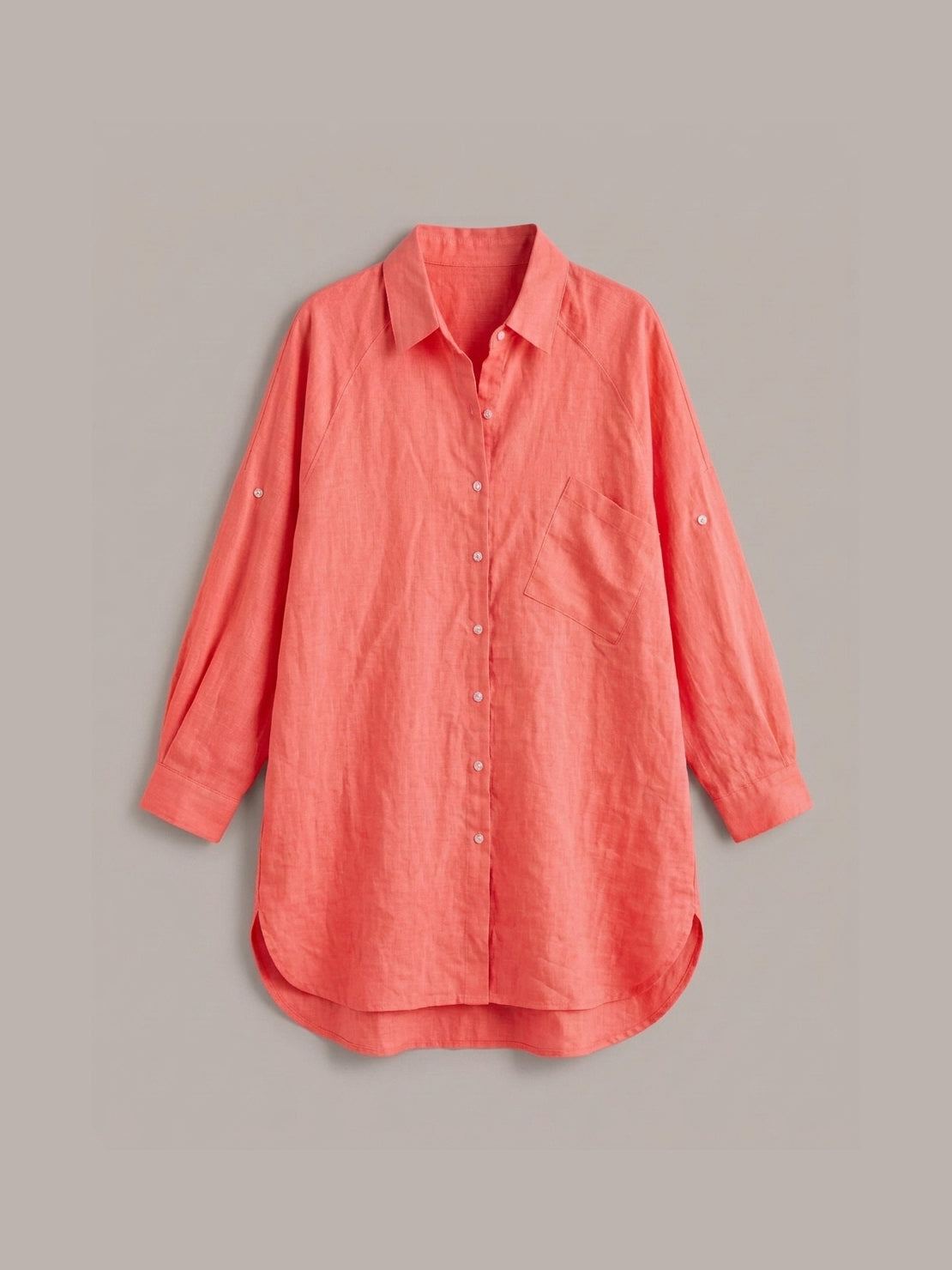 relaxed oversized 100% cotton linen shirt with boxy fit, dropped shoulders, and back pleat detail
