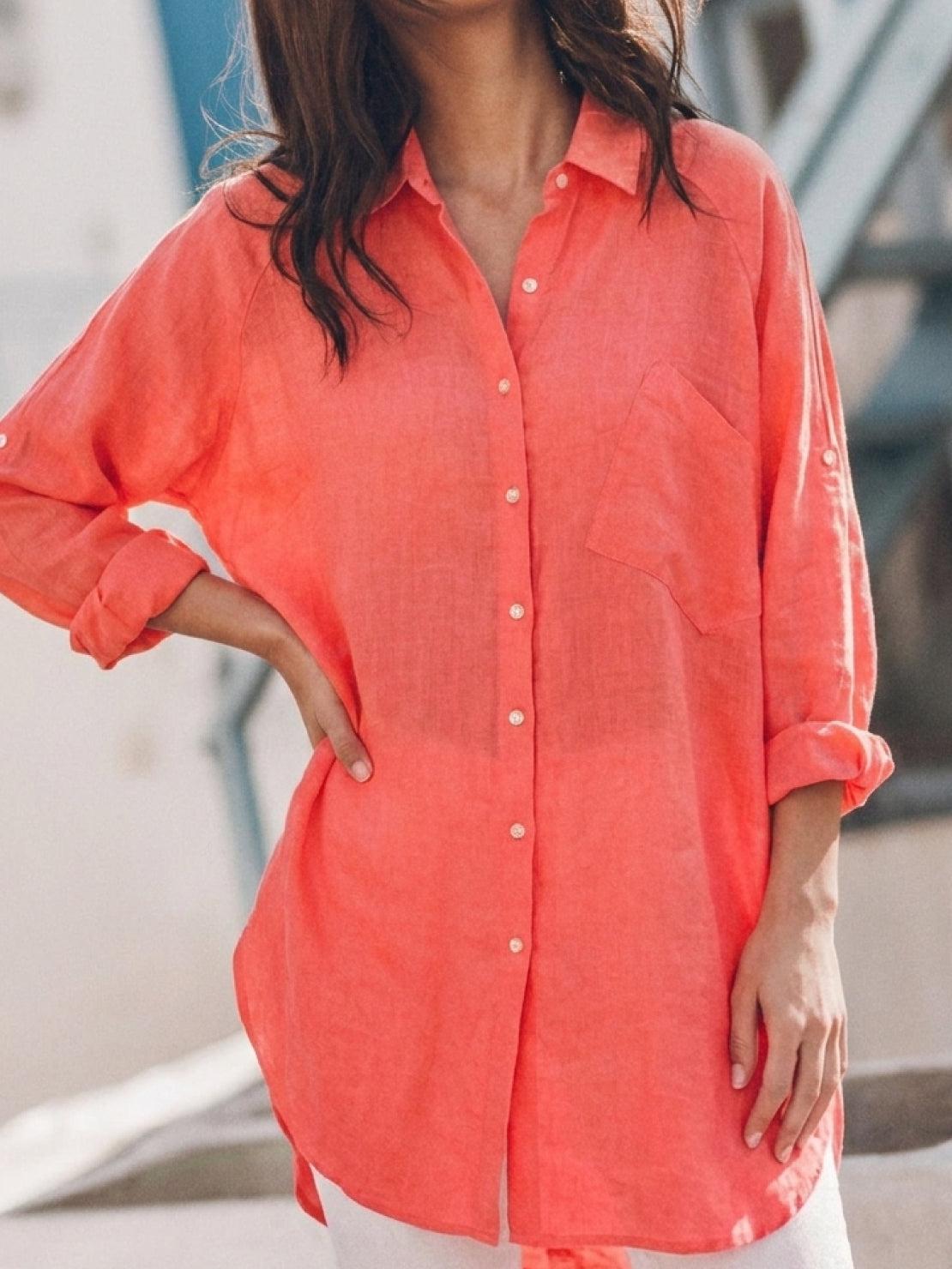 oversized relaxed 100% cotton linen shirt with dropped shoulders and back pleat detail