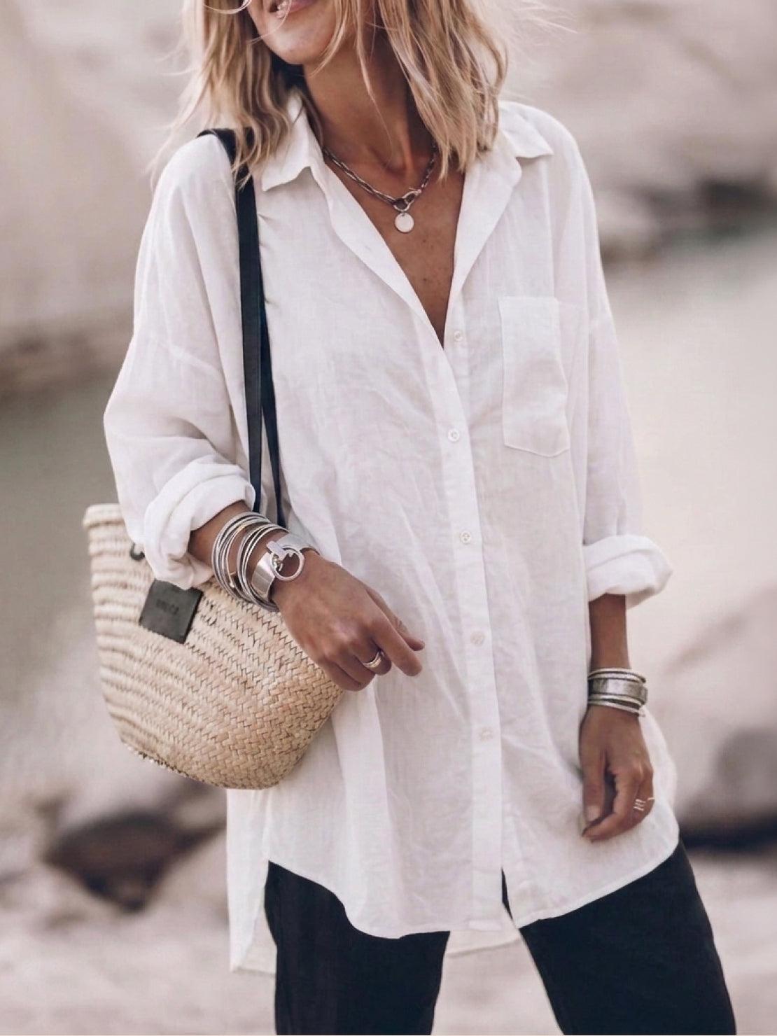 oversized relaxed cotton linen shirt with dropped shoulders and back pleat detail