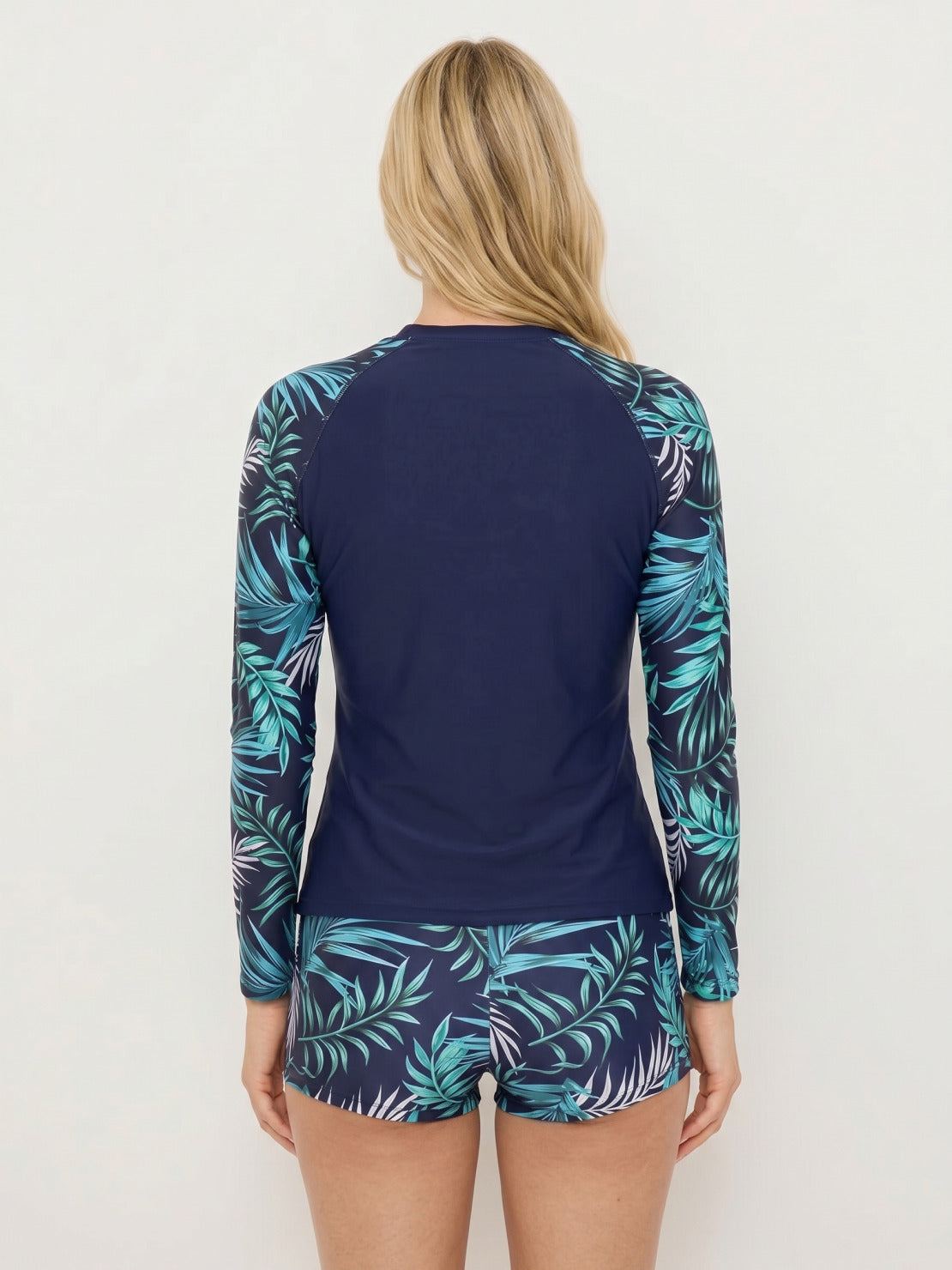 Long-sleeve swim rash guard with matching mid-rise swim shorts in stretch quick-dry fabric