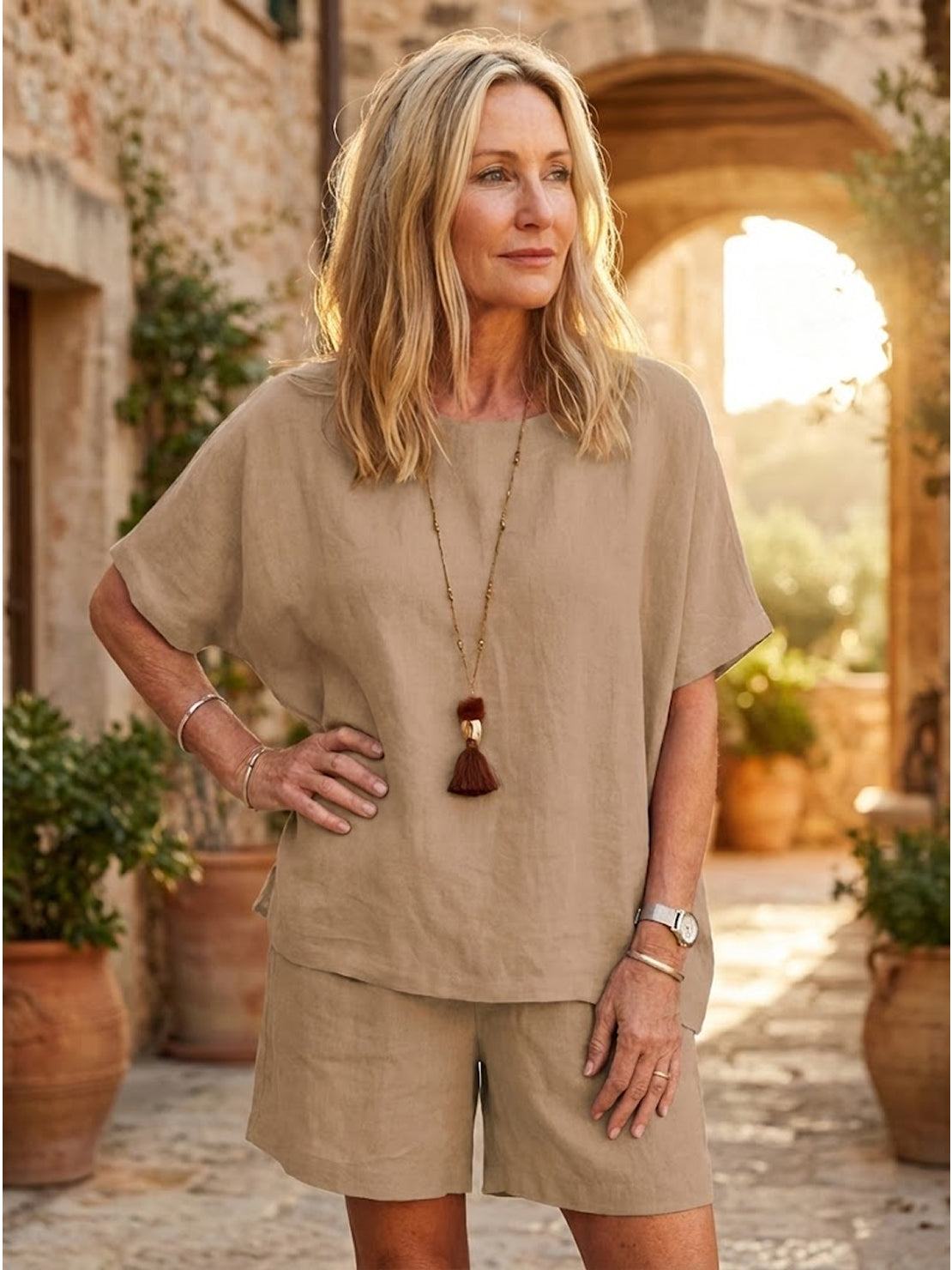 Comfy linen-like shirt and shorts two-piece set displayed on white background