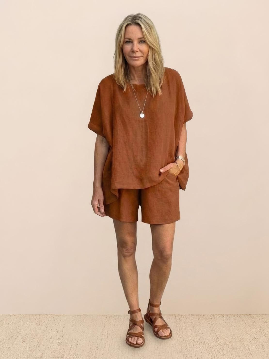 Comfy linen-like shirt and shorts two-piece set in breathable, lightweight fabric for casual and versatile wear