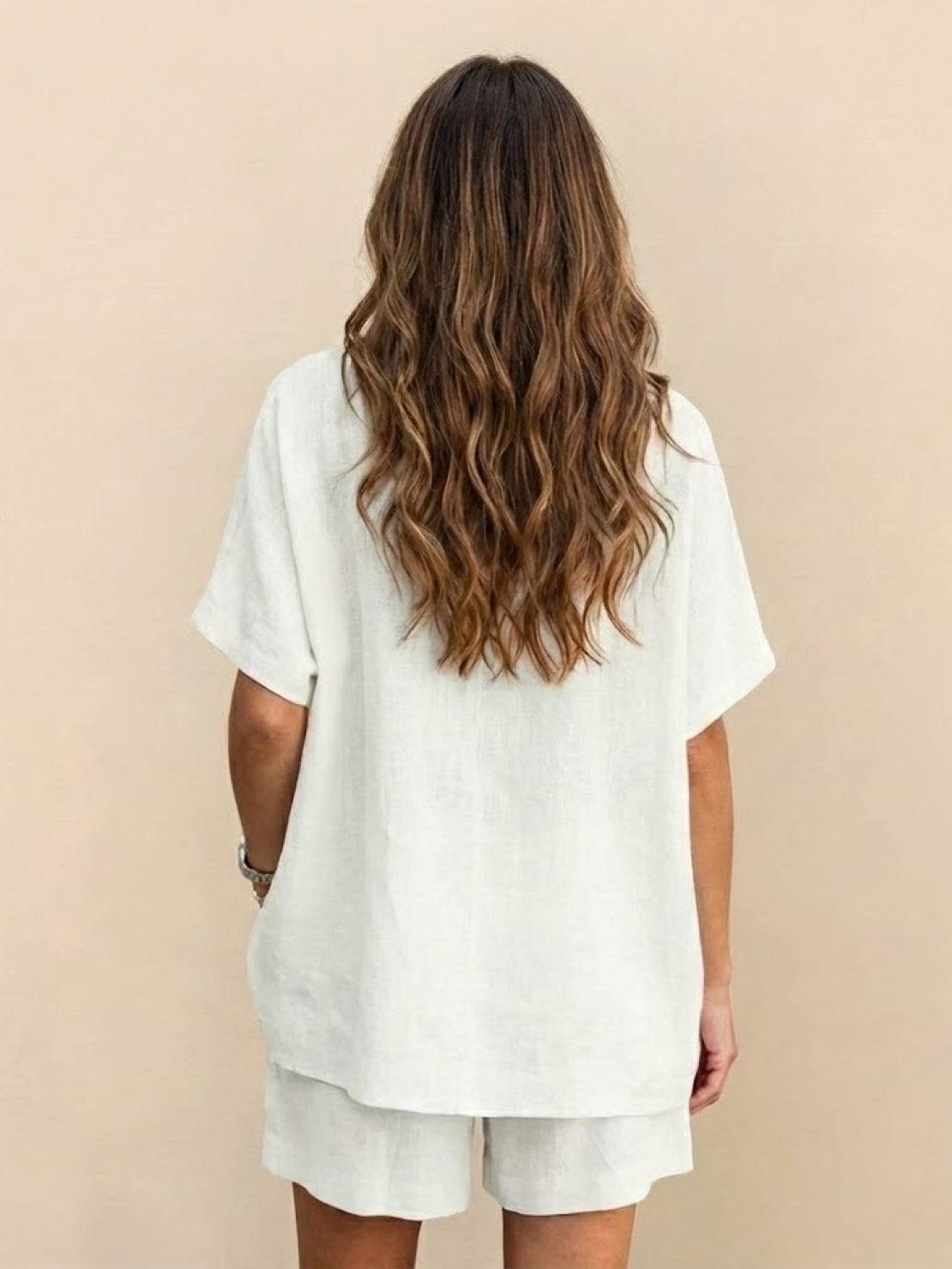 Lightweight comfy linen-like shirt and shorts two-piece set for casual and versatile wear