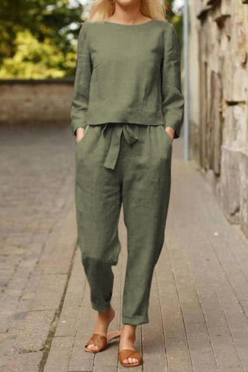 Cotton-linen monochrome relaxed longline top and wide-leg pants set in olive green outdoors
