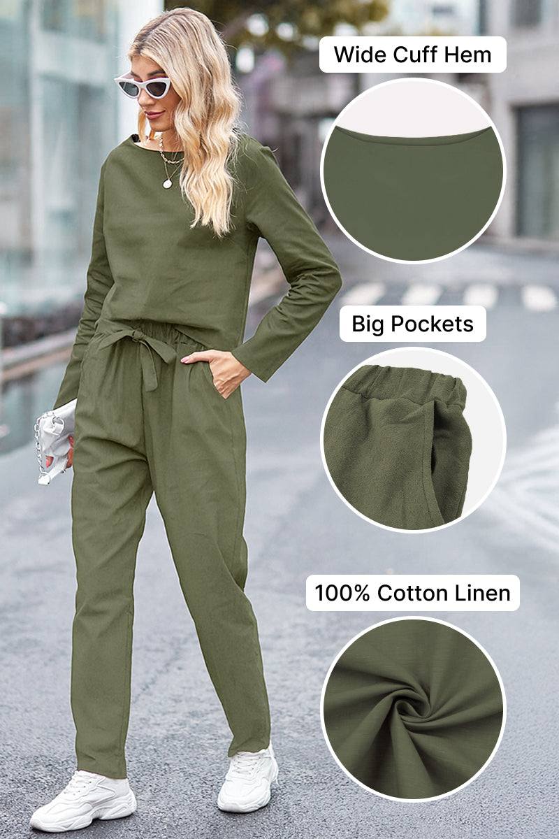 Woman wearing olive green Cotton-Linen Monochrome Capsule set with wide cuff hem, big pockets, and relaxed fit pants.