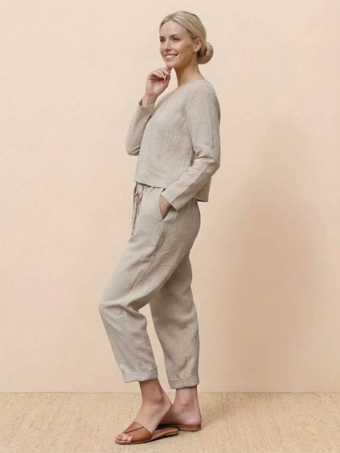 Cotton-linen monochrome relaxed longline top and wide-leg pants set in neutral tones