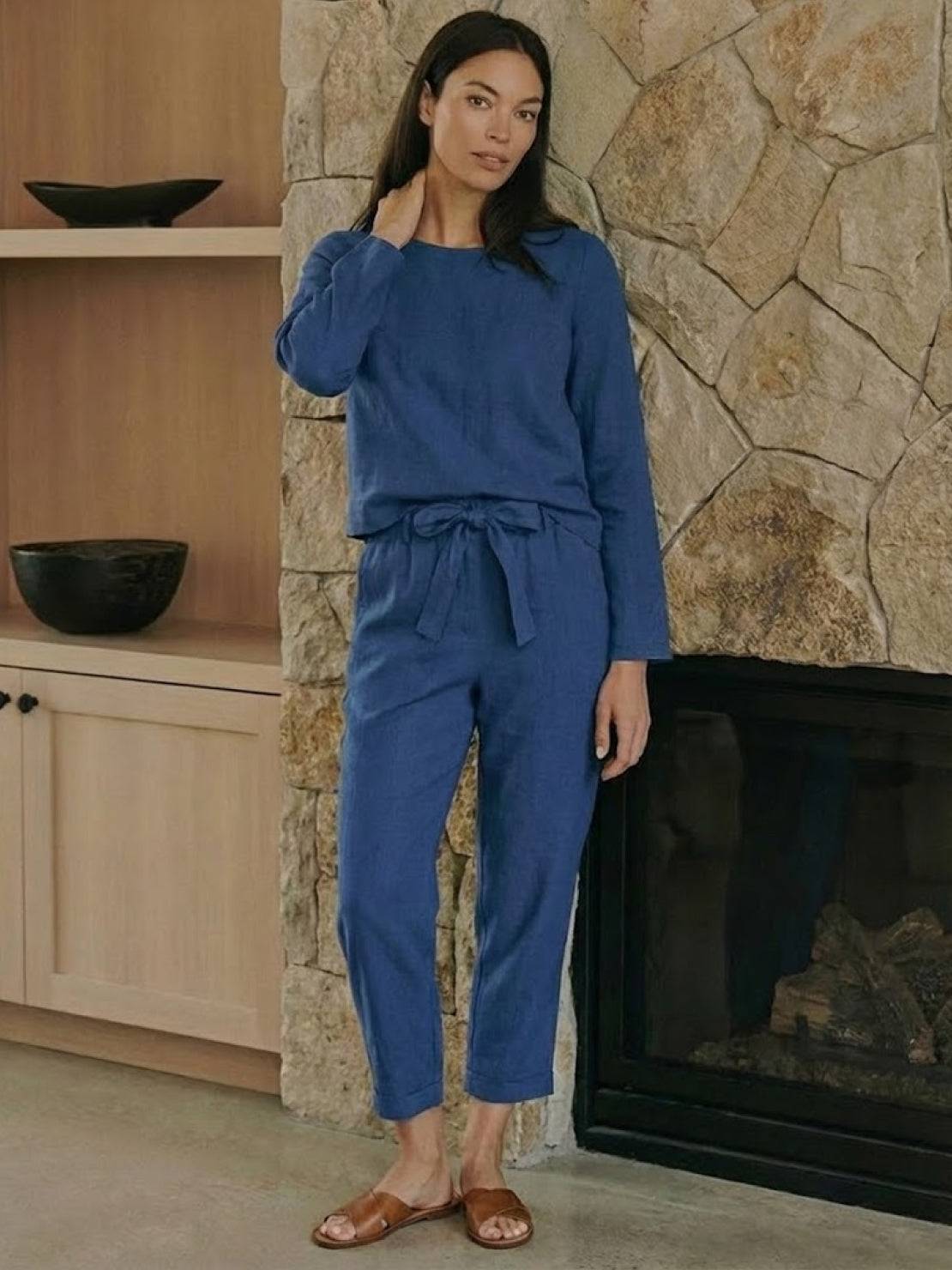 Cotton-linen monochrome relaxed longline top and wide-leg pants set displayed on model