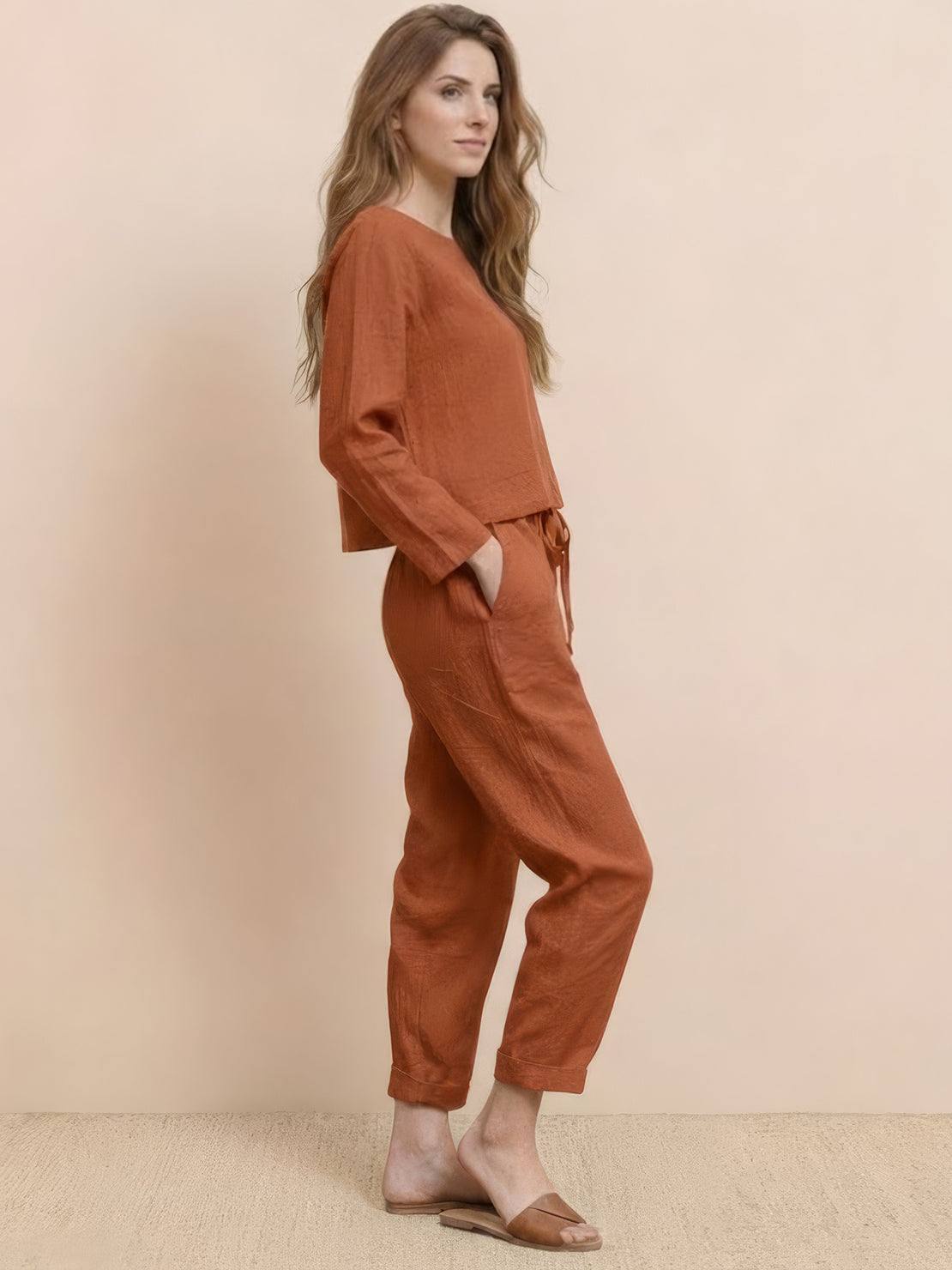 Cotton-linen monochrome capsule outfit with relaxed longline top and wide-leg pants in neutral tones