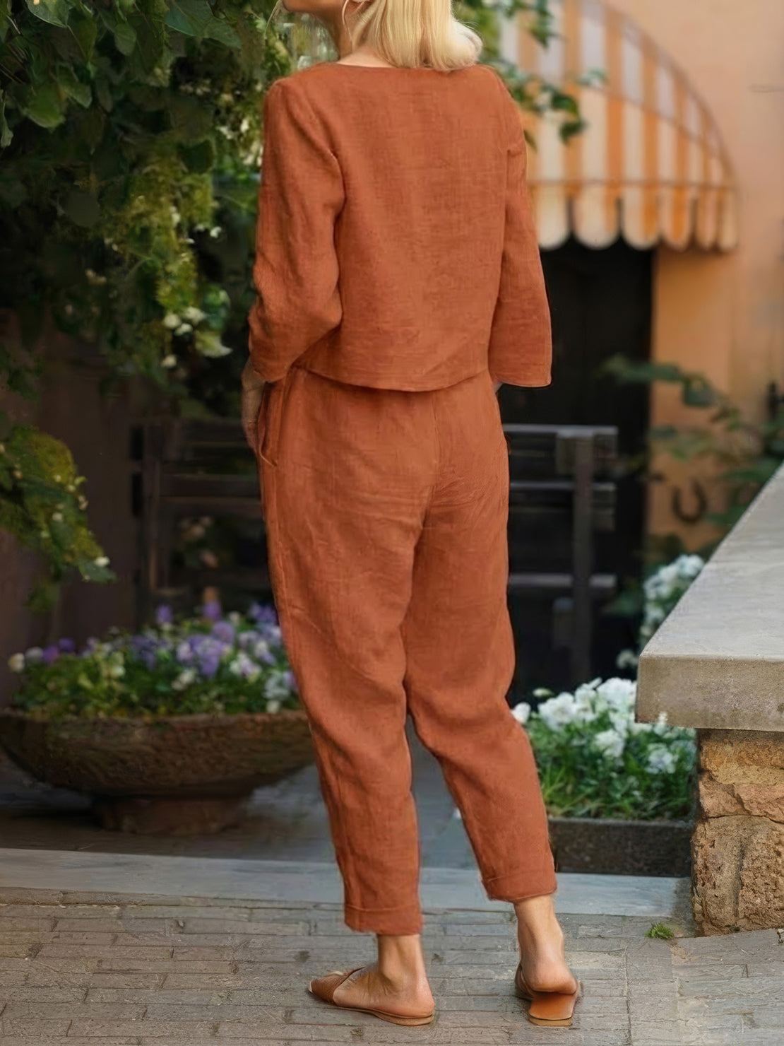 Cotton-linen monochrome capsule set with relaxed longline top and wide-leg pants in minimalist style