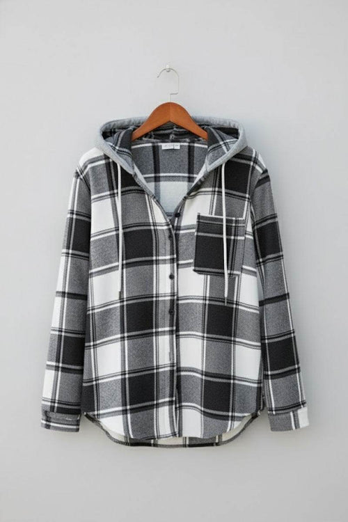 Highland Plaid Shacket black and white plaid button-front overshirt with hood and chest pocket.