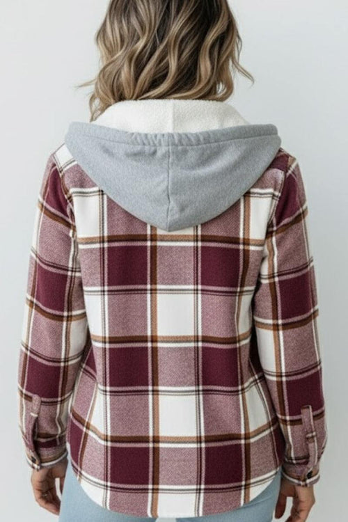 Back view of Highland Plaid Shacket with burgundy plaid pattern, grey hood, and fleece lining.