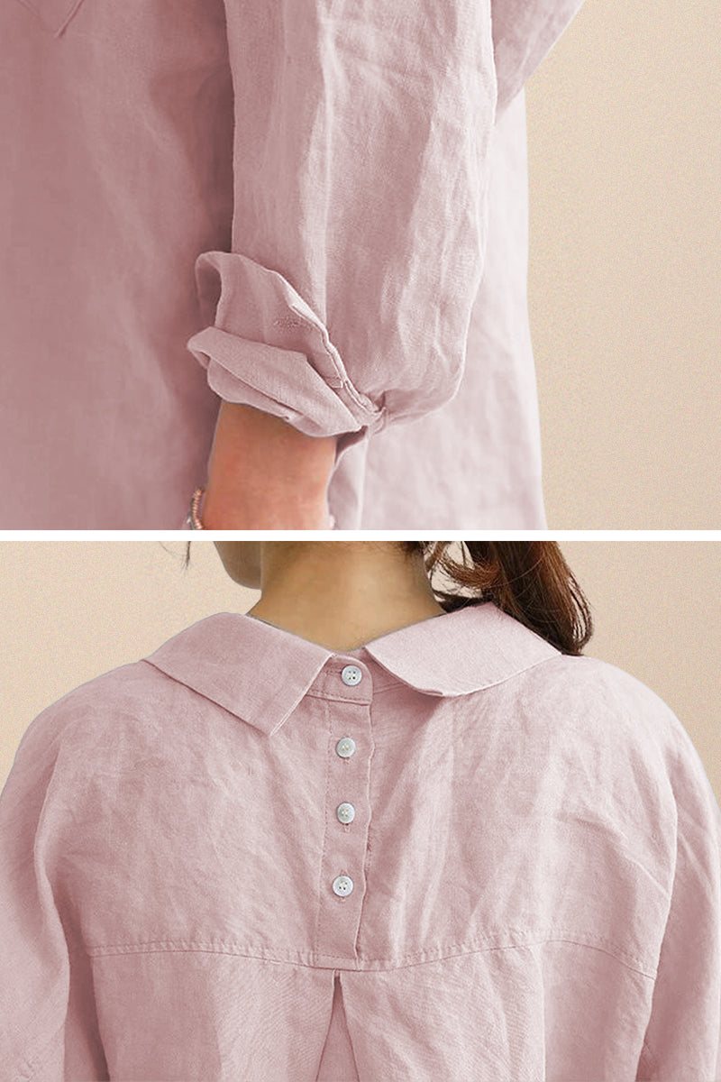Pink oversized linen shirt with rolled-up sleeves and back button detail, breathable cotton-linen blend fabric