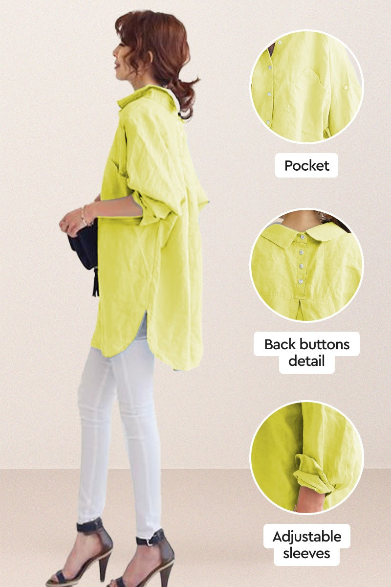 Side view of a model wearing a lime oversized linen shirt with adjustable sleeves, back button details, and front pocket.