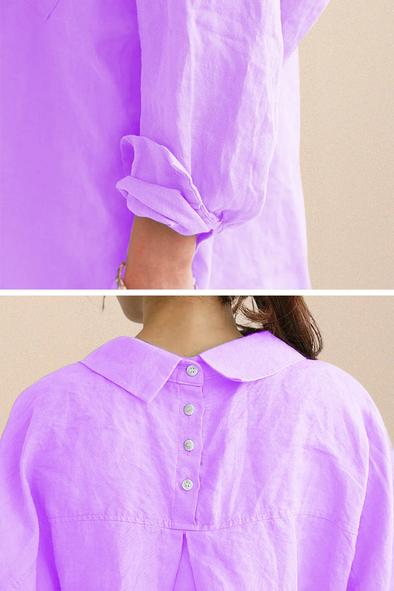 Close-up of a lavender oversized linen shirt sleeve and back with button detailing and relaxed fit.