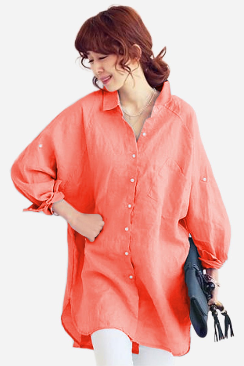 Oversized linen shirt in sun-washed pink with relaxed fit and button details for casual and beachwear.