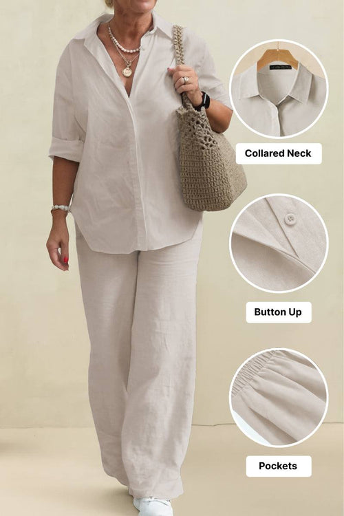 woman wearing oversized 100% cotton shirt with collared neck and button-up detail paired with wide-leg pants in neutral tone