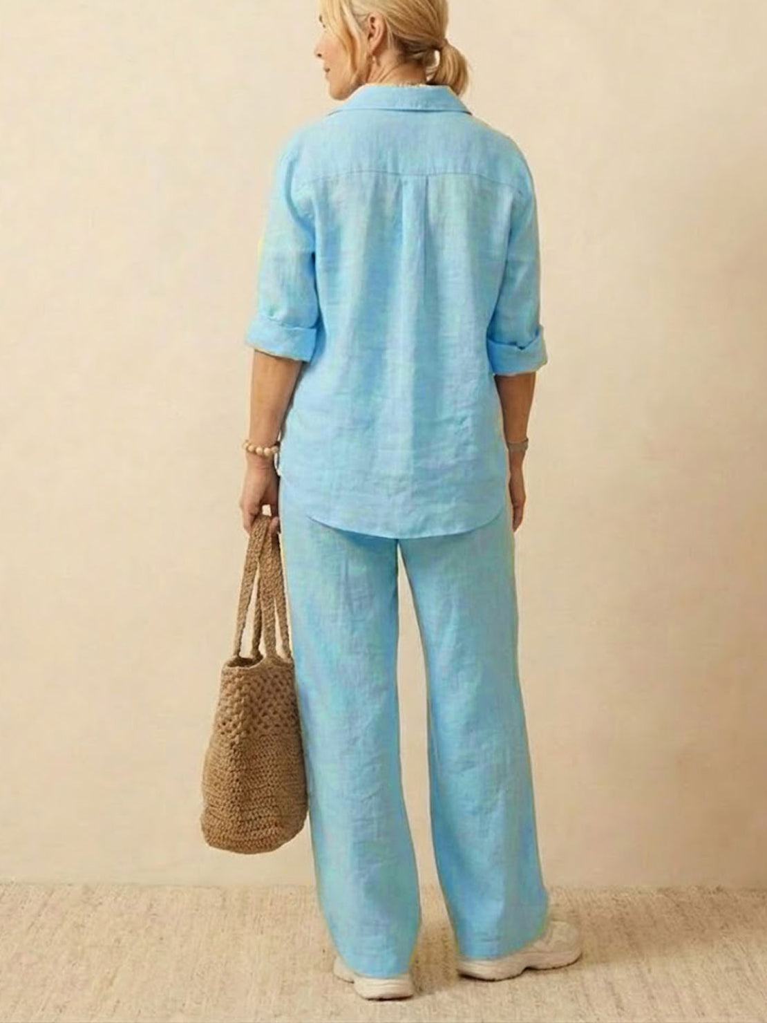 Light blue oversized 100% cotton shirt and wide-leg pants co-ord set with relaxed fit and breathable fabric