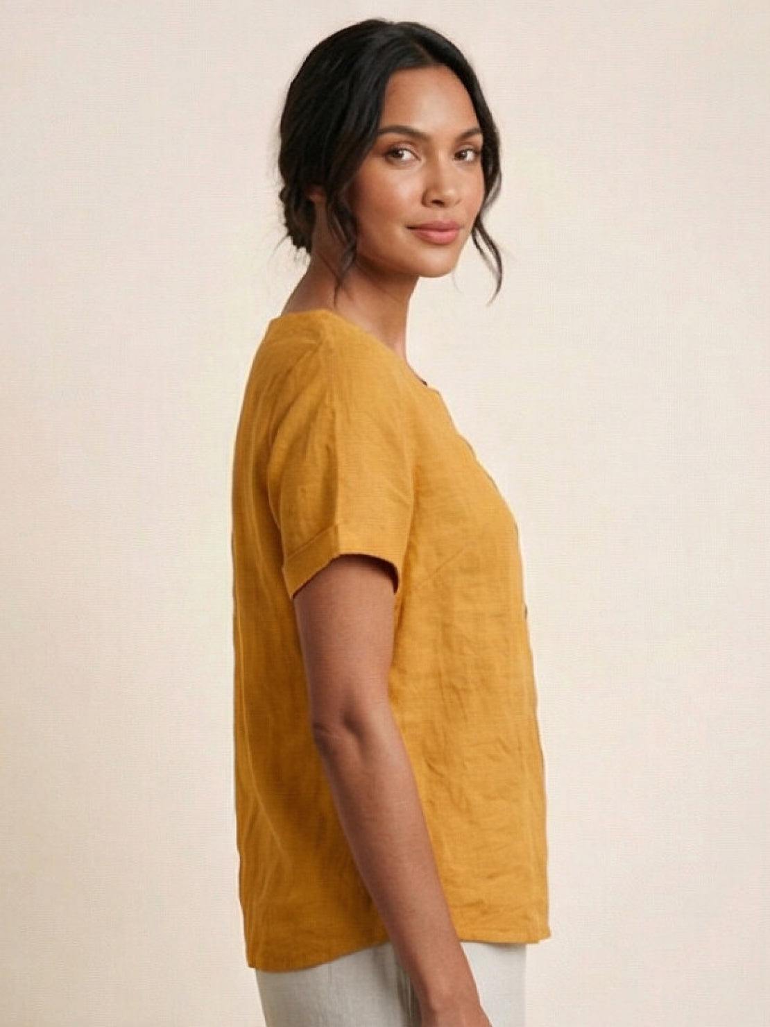 Relaxed Fit Linen Button-Up Tee soft breathable cotton loose short sleeve round neck with stylish button detail