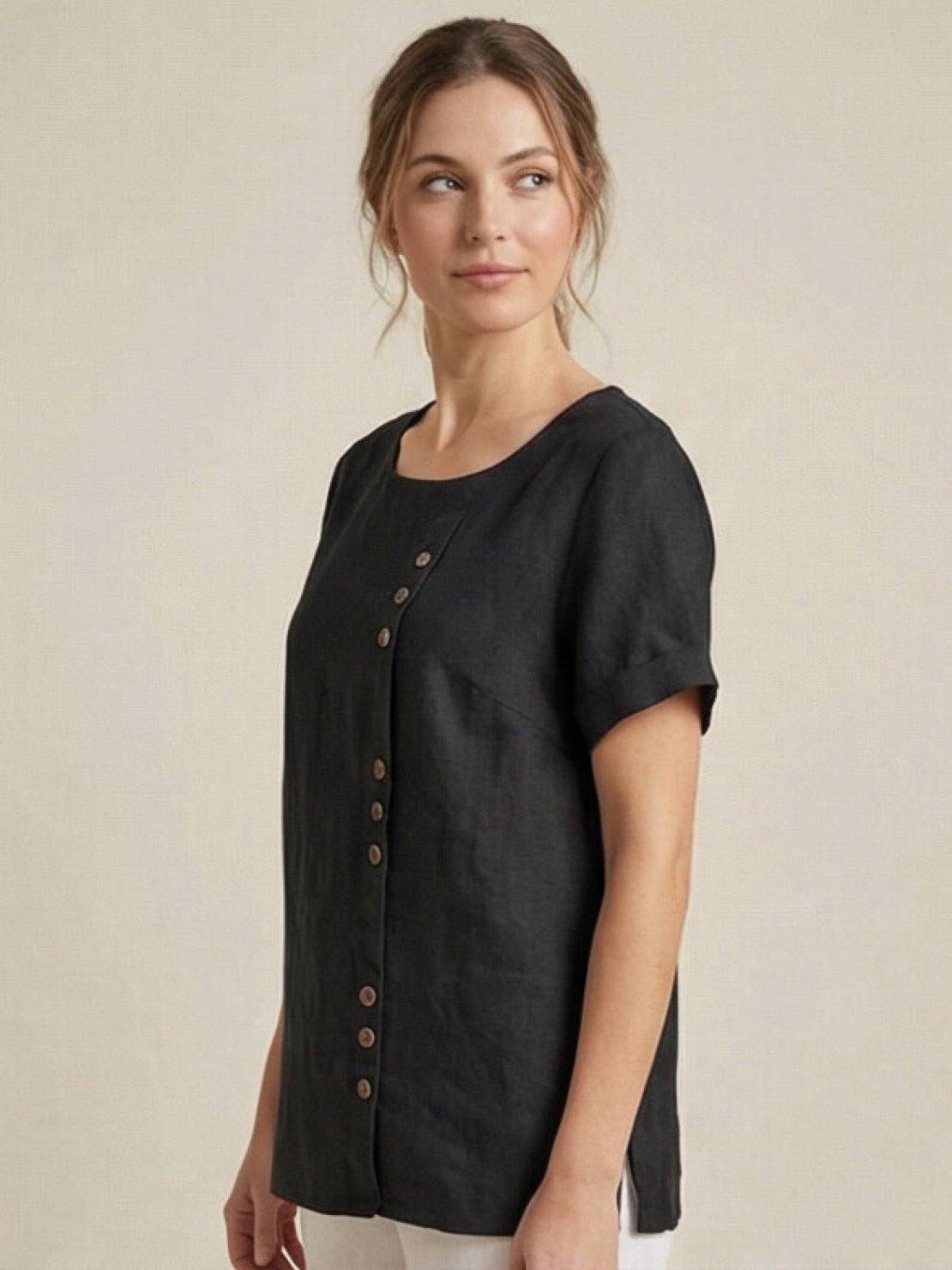 Relaxed Fit Linen Button-Up Tee with breathable cotton, loose fit, short sleeves, round neck, and stylish button detail