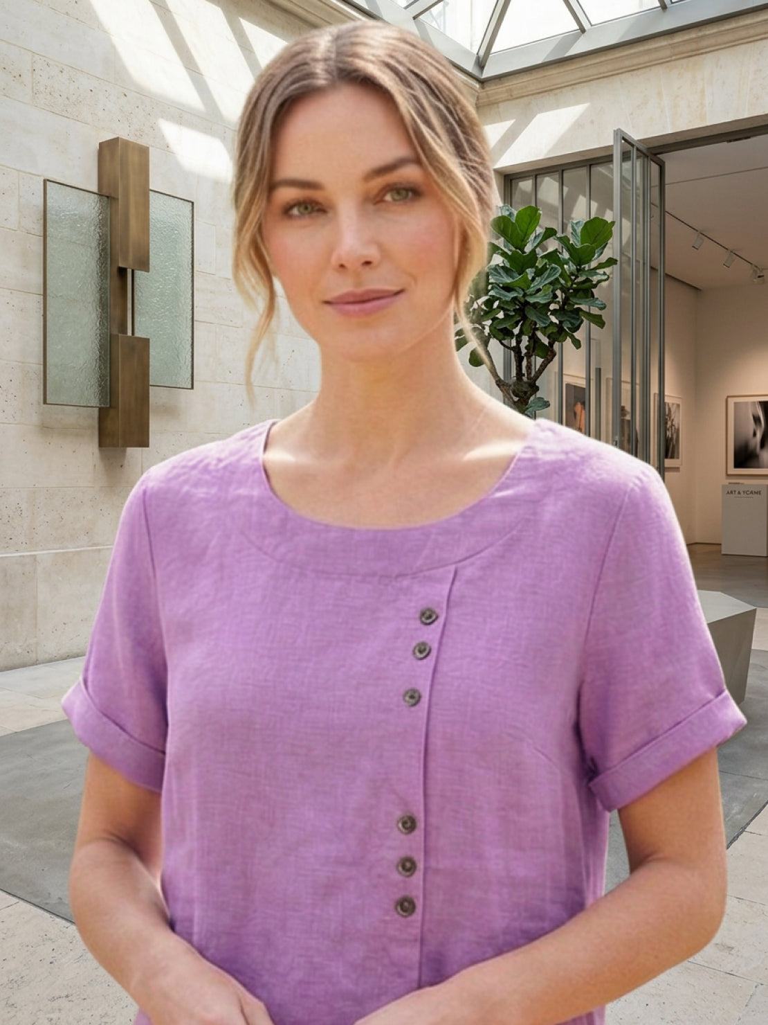 Relaxed fit linen button-up tee with breathable cotton fabric and stylish button detail