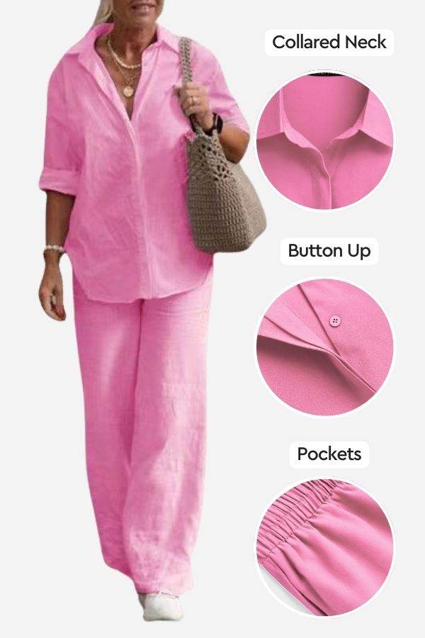 Woman wearing pink relaxed shirt and trousers set with collared neck, button-up front, and pockets, styled casually.