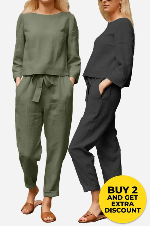 Two-piece retro monochrome linen set featuring breathable cotton-linen fabric, wide-leg pants, and pullover tops in olive green and black.