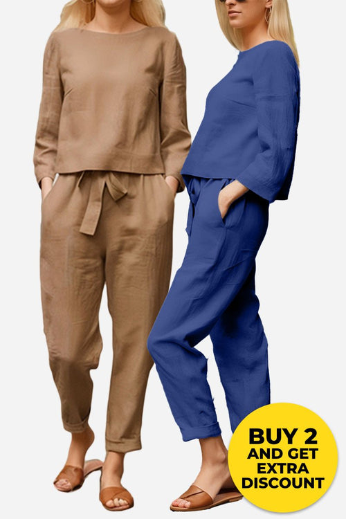 Two-piece 100% cotton linen monochrome sets in beige and blue for women