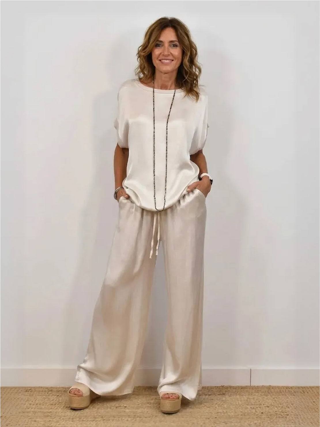 Silken Escape Satin Two-Piece Set with flowing top and wide-leg pants in silky fabric