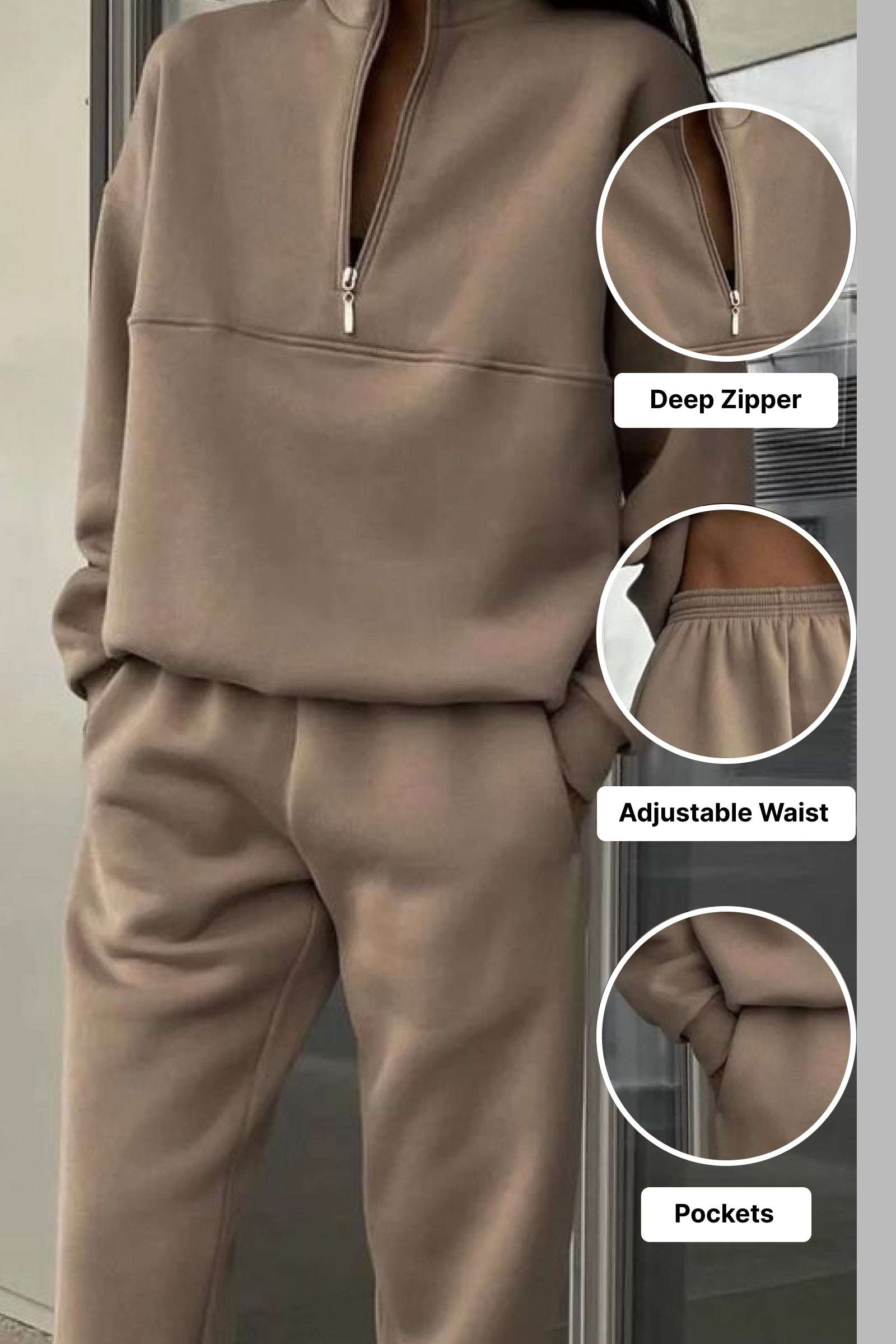 Neutral brown cotton blend tracksuit with deep zipper, adjustable waistband, and pockets