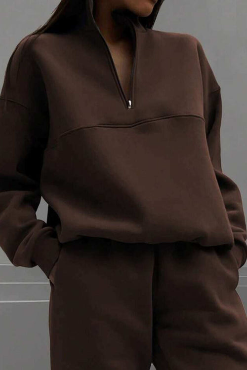 Brown cotton blend tracksuit with zip neckline and long sleeves for comfortable casual wear