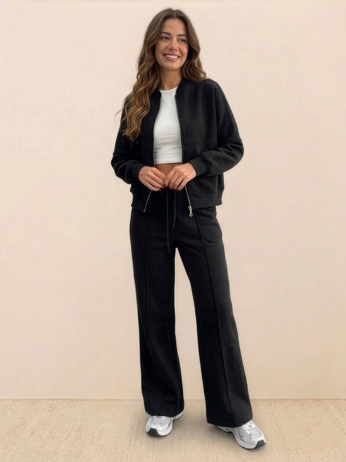 The Voyager Zip Set women's matching zip-front sweatshirt and wide-leg joggers travel outfit