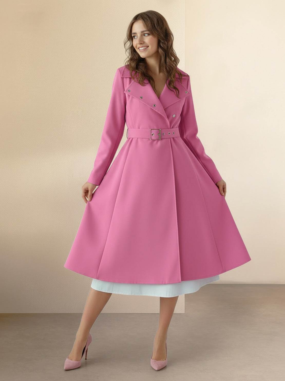 Women’s water-repellent A-line raincoat with hood and belt, insulated and stylish for all-season wear