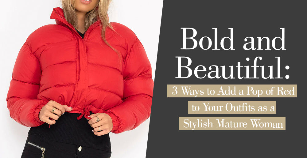Mature woman styling with red puffer jacket for a bold wardrobe pop.