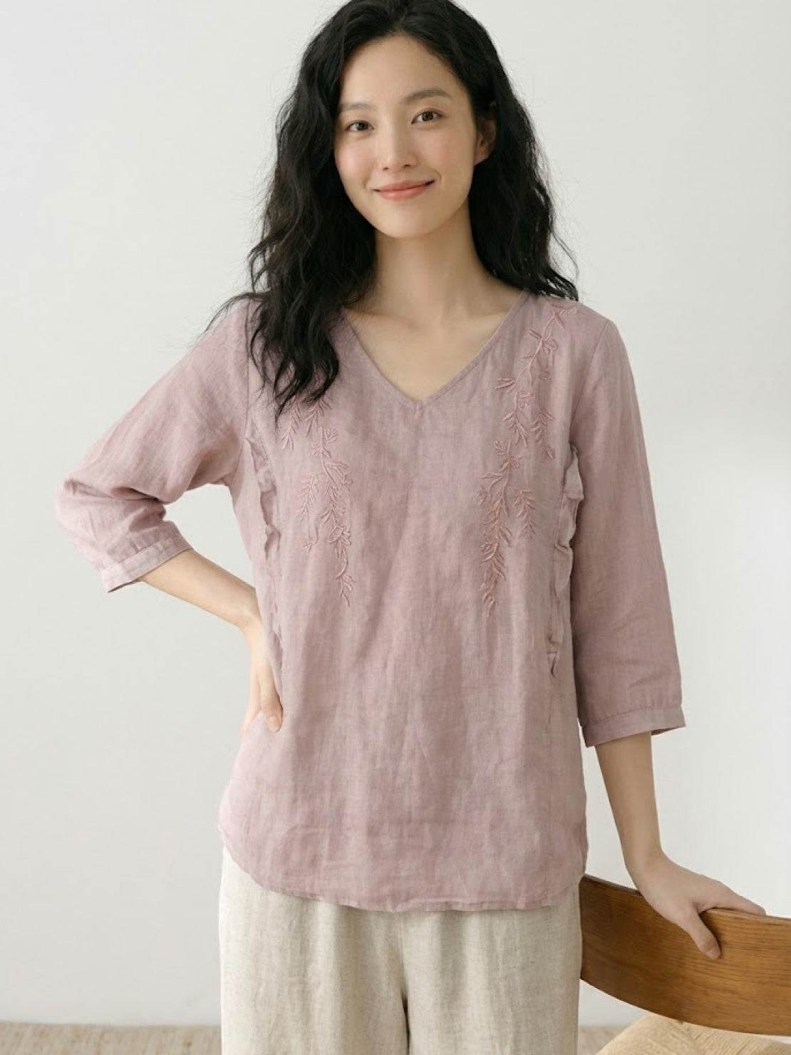 Women’s 100% cotton linen blend golden hour set with embroidered V-neck top and high-waisted wide-leg trousers