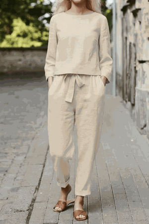 100 cotton linen monochrome women's two-piece set loose fit breathable fabric