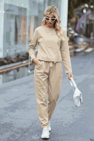 Elegant 100% cotton linen monochrome beige two-piece women's set with long sleeves and relaxed pants