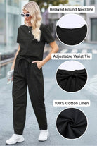 Black 100% cotton linen set with relaxed round neckline and adjustable waist tie for comfortable fit