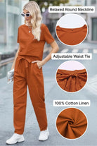 Women's cotton linen set with relaxed round neckline, adjustable waist tie, and breathable fabric in rust color.