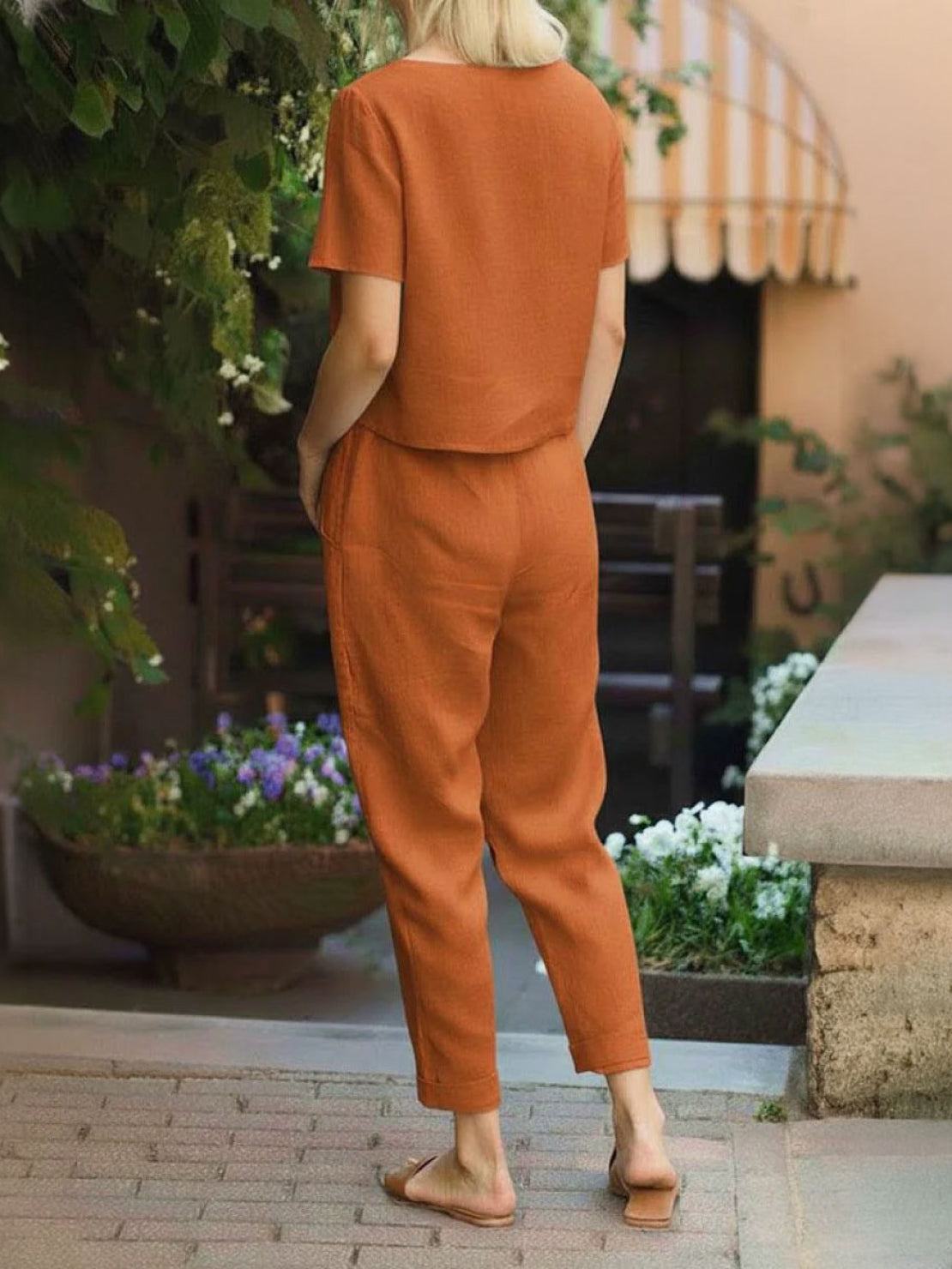 woman wearing breathable 100% cotton linen set monochrome two-piece outfit