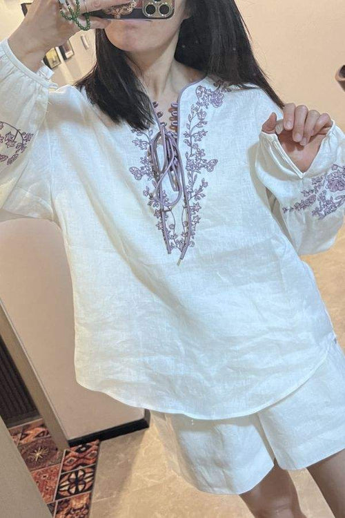 100% Linen Flower Embroidery Two-Piece Set
