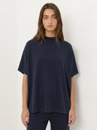Cotton-blend capelet lounge set with mock neck top and wide-leg pants in relaxed fit