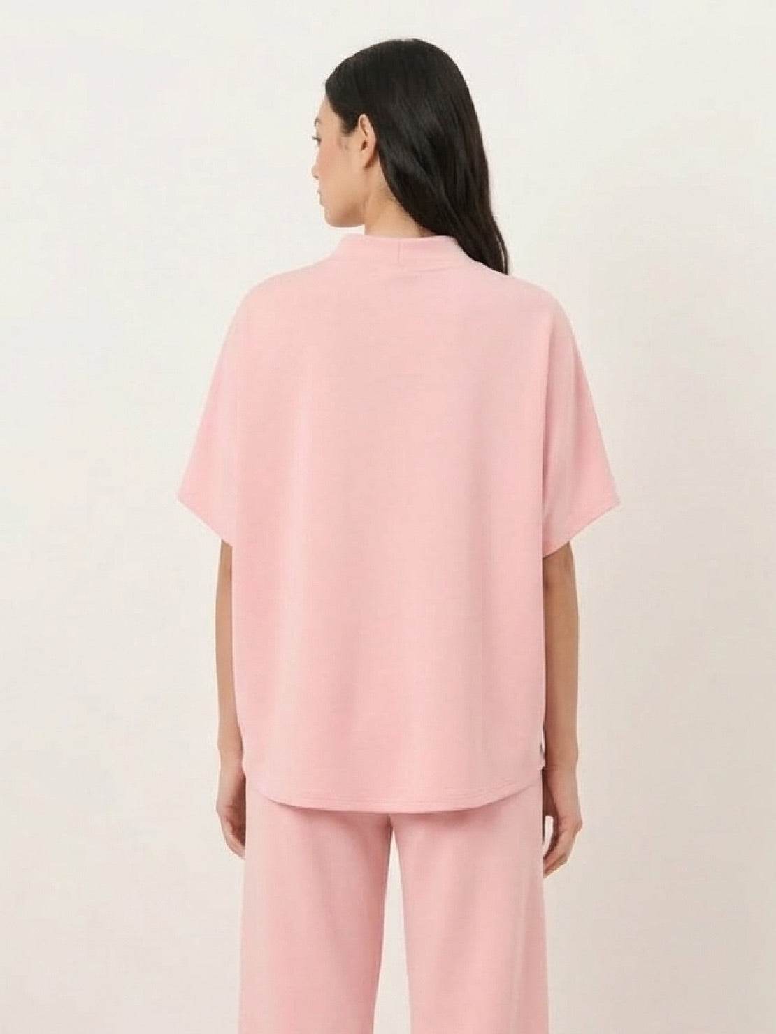 Cotton-blend capelet lounge set with mock neck cape-style top and wide-leg pants in various colors